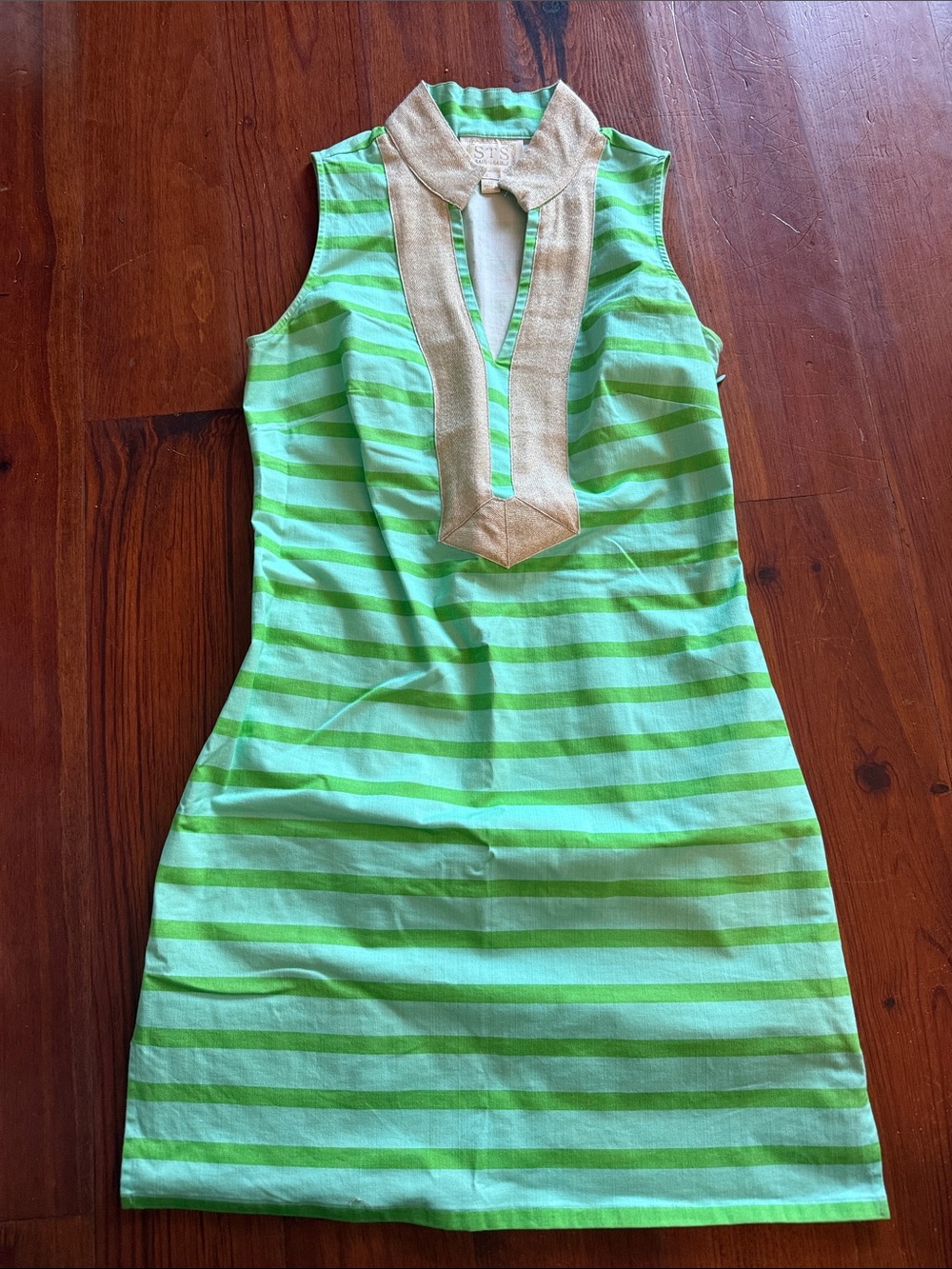 Sail to Sable Green Striped Sleeveless Mini Dress with Tan Placket